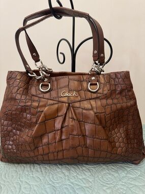 Coach Ashley Croco Embossed Tan Brown Leather Carry All Satchel Shoulder Bag